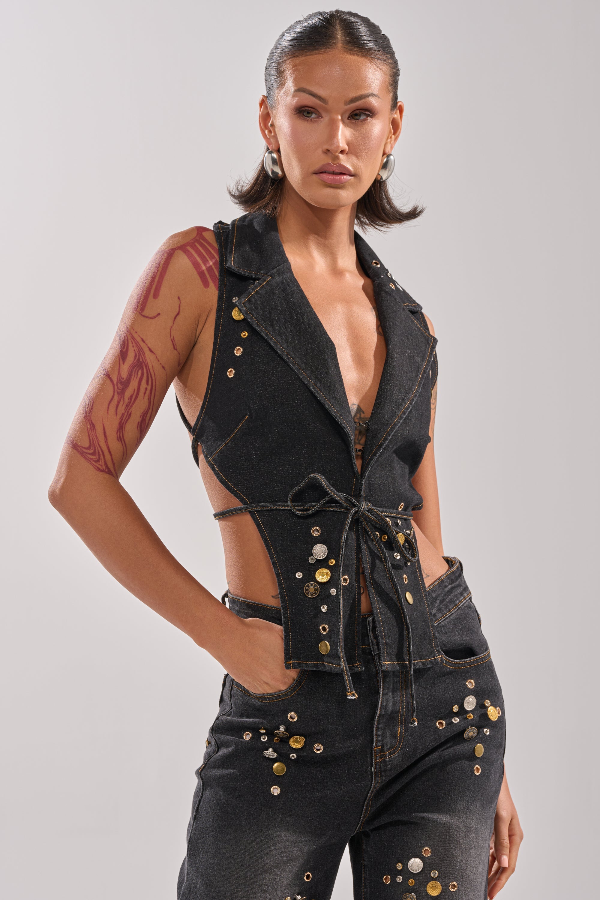SPACE AND TIME STUDDED DENIM VEST