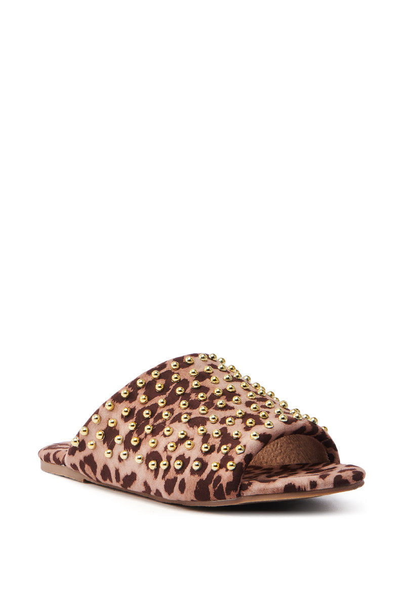 AKIRA BAGGER STUDDED SLIP ON SANDAL IN LEOPARD