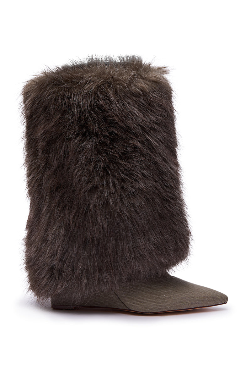 AZALEA WANG BRIASH OLIVE WEDGE FUR BOOTIE