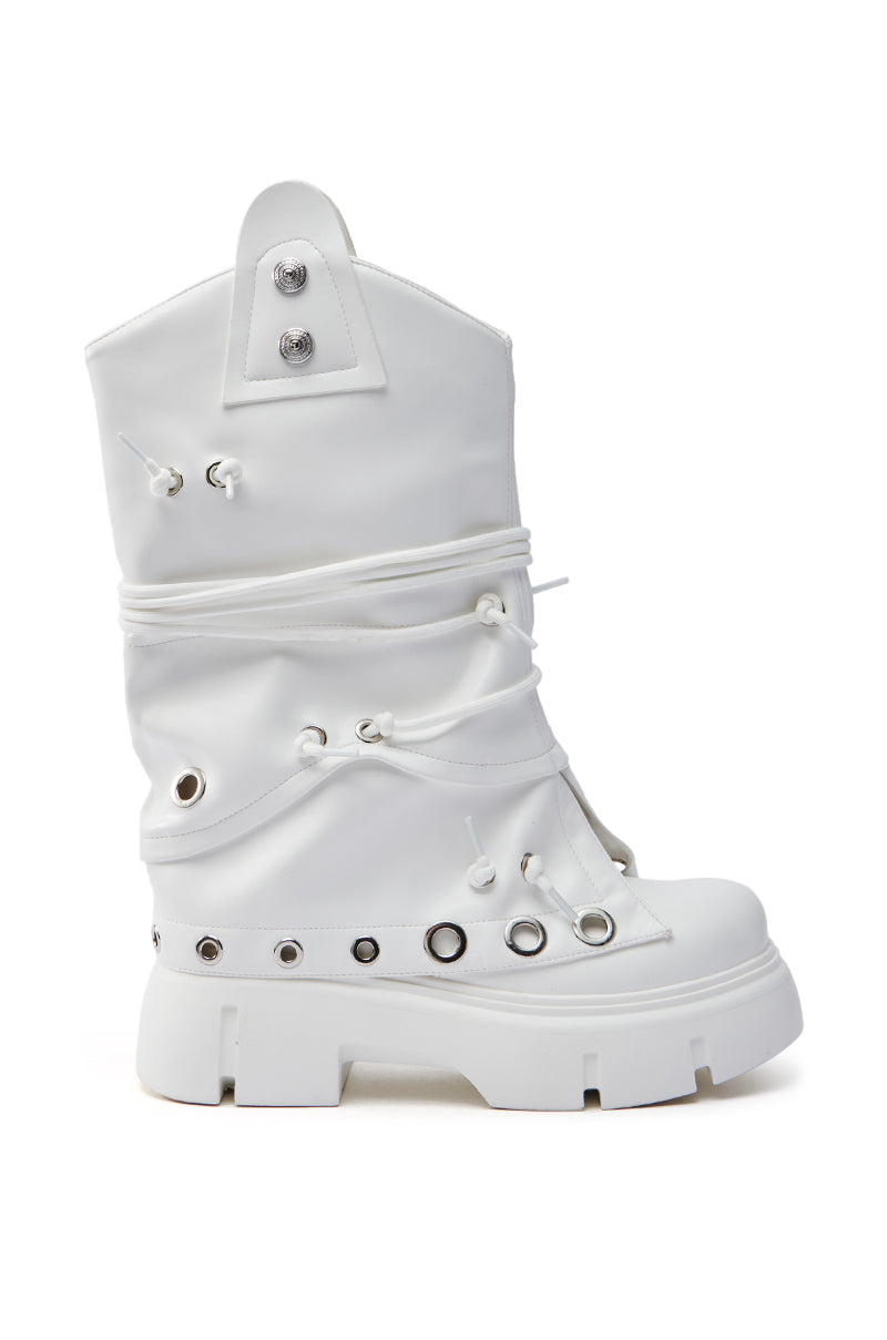 AZALEA WANG CAPIRE WHITE CINCHING COMBAT BOOTIE