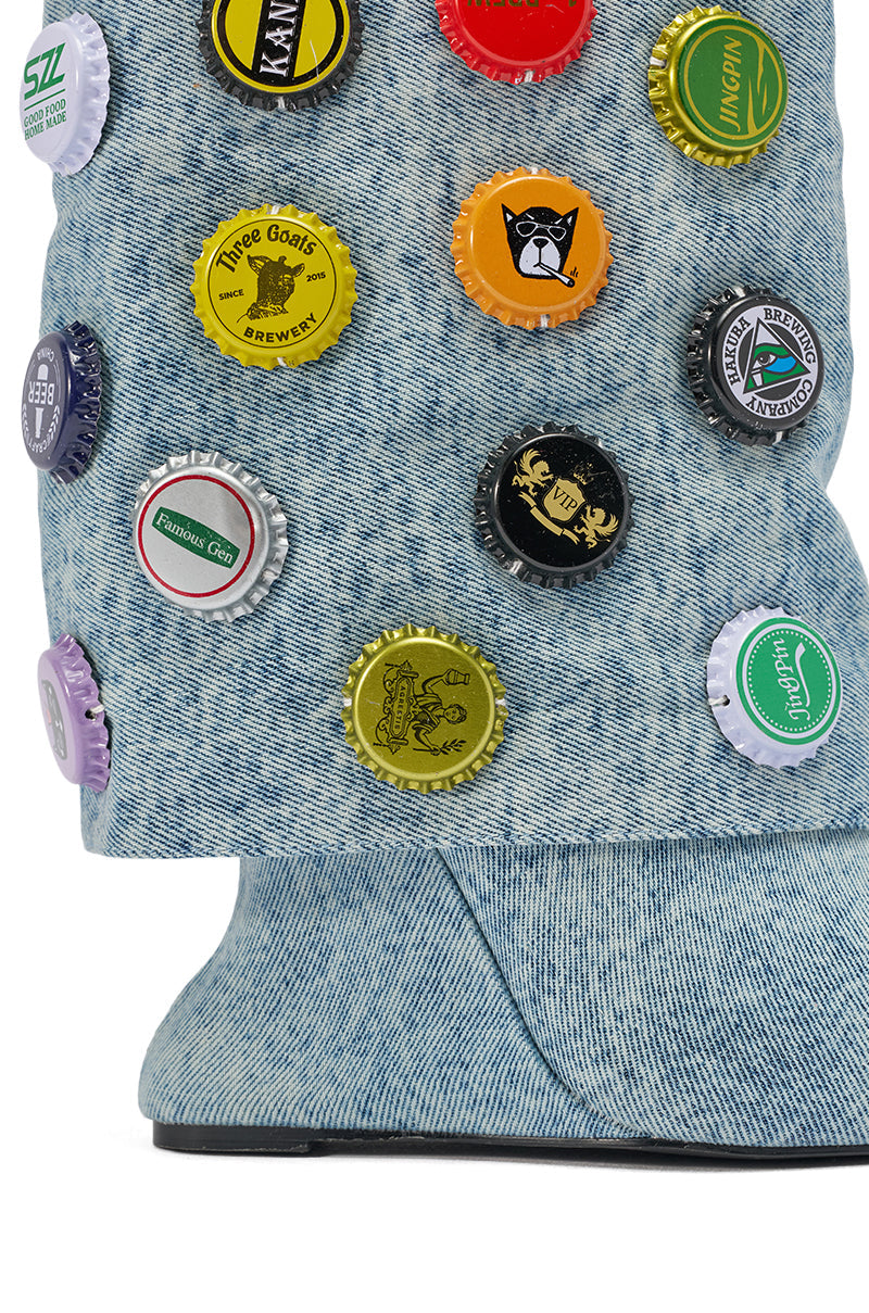 AZALEA WANG EAVEN WEDGE EMBELLISHED DENIM BOOTIE