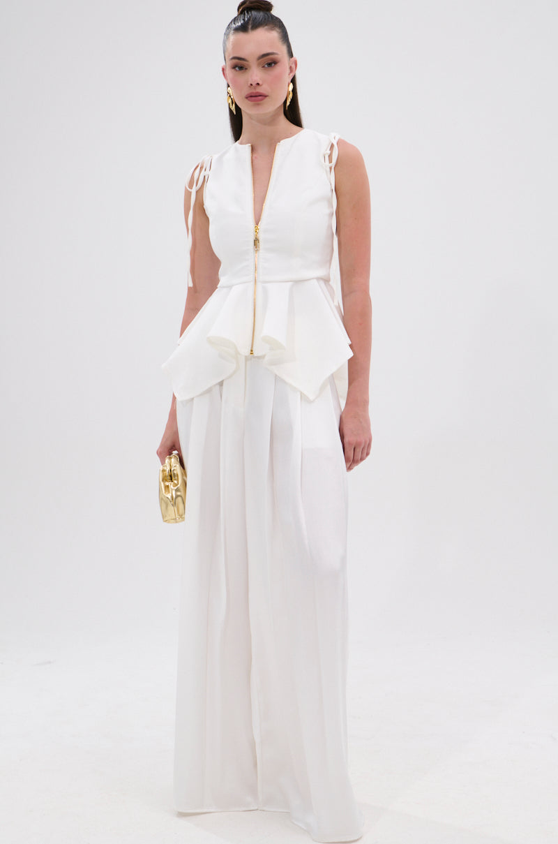 PEPLUM FRONT ZIP SLEEVELESS BLOUSE IN WHITE