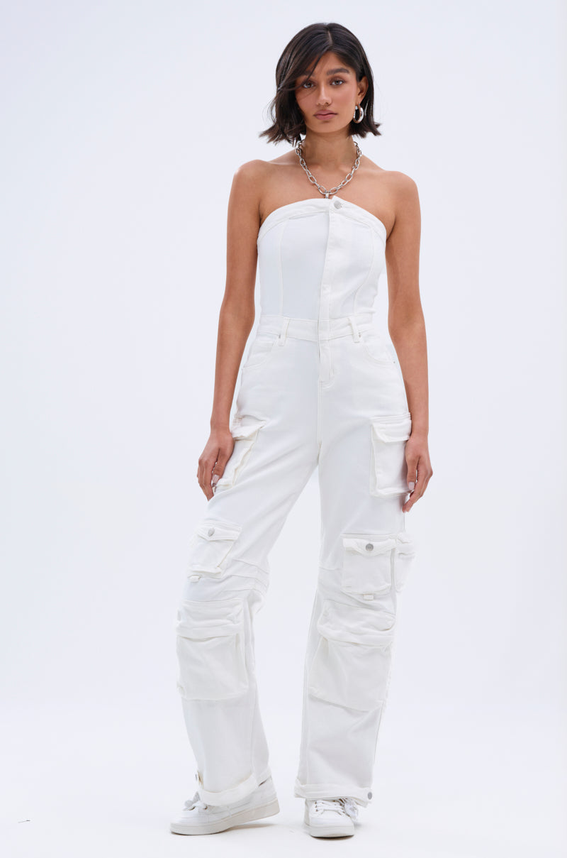 LINDSAY DENIM CARGO JUMPSUIT IN WHITE