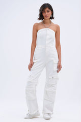 LINDSAY DENIM CARGO JUMPSUIT IN WHITE