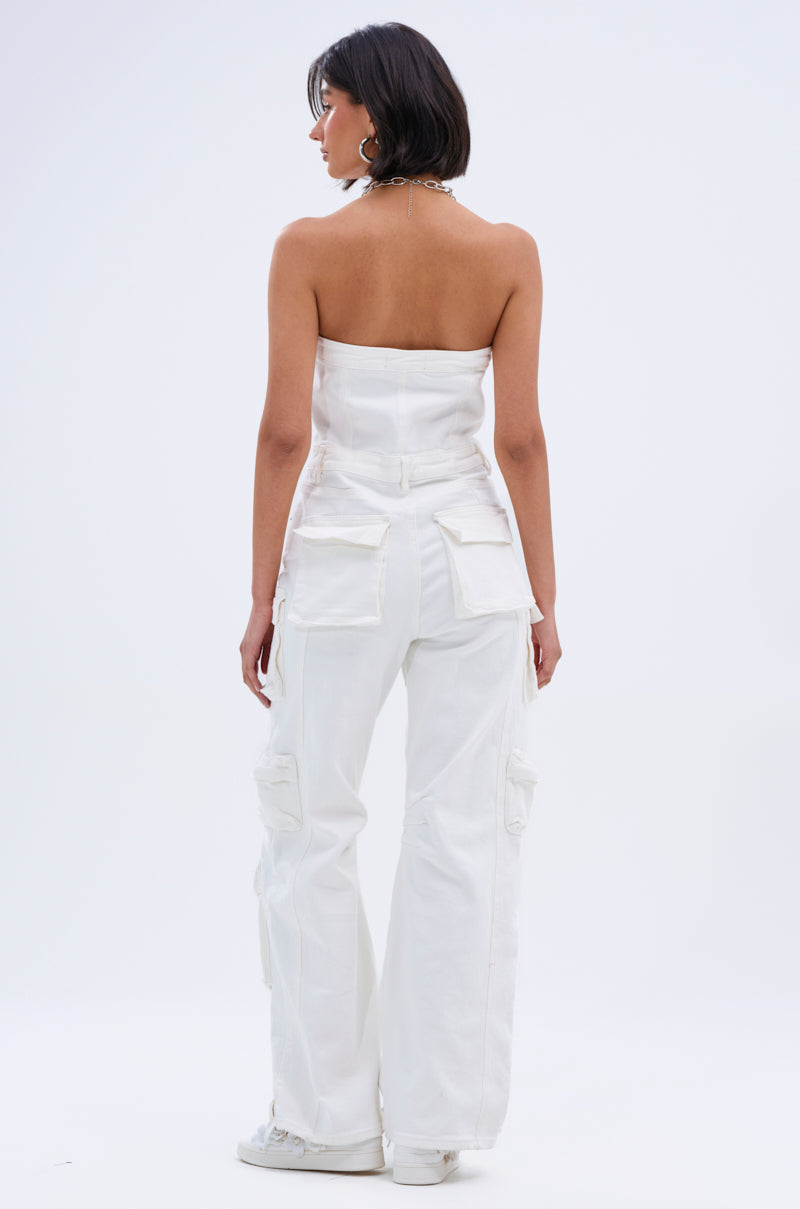 LINDSAY DENIM CARGO JUMPSUIT IN WHITE