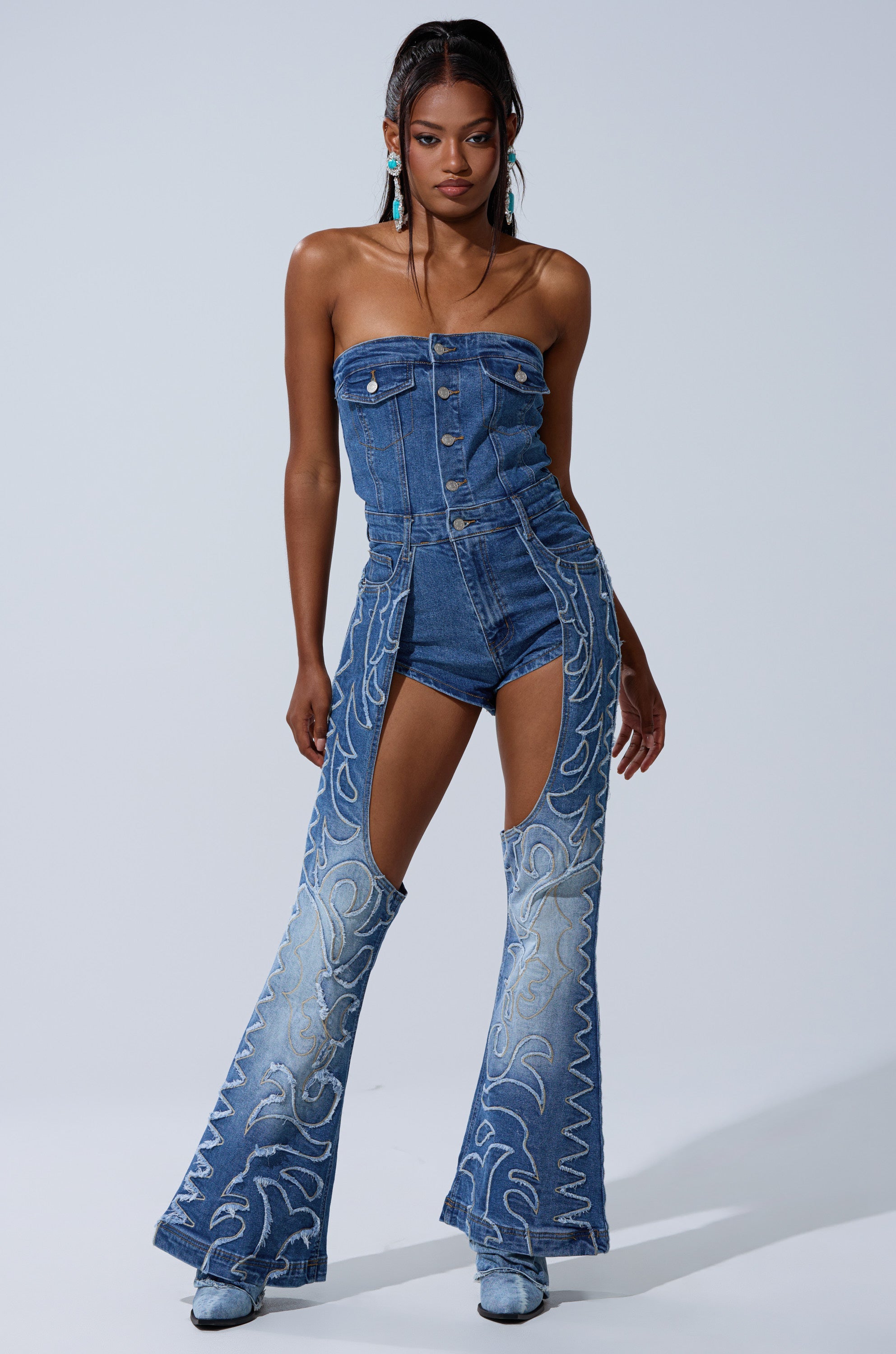 THROW DOWN DENIM JUMPSUIT WITH CHAPS