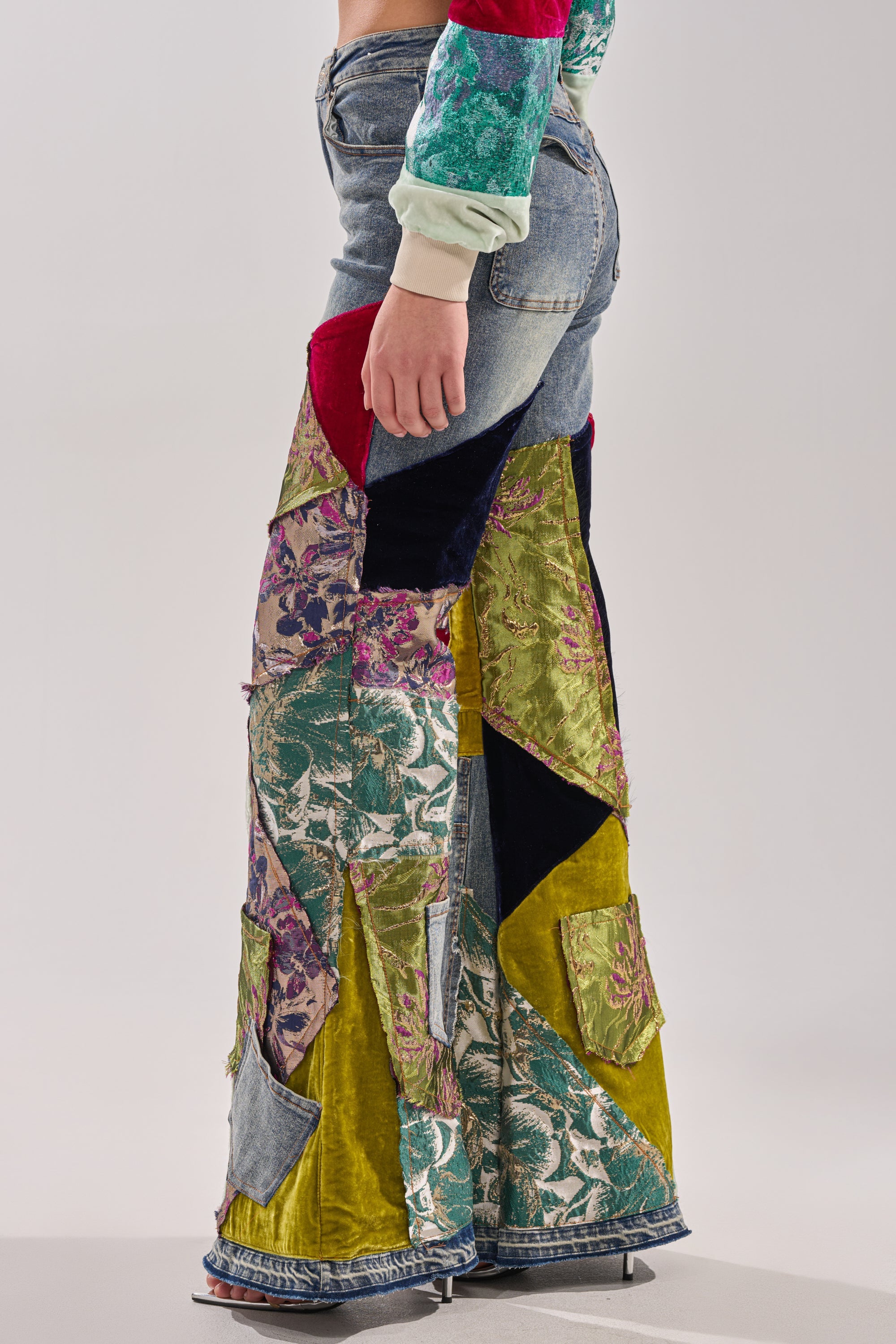MIXED EMOTIONS BROCADE PATCHWORK FLARE DENIM