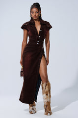 CHELSEA BUTTON DOWN MAXI DRESS IN VELVET DENIM