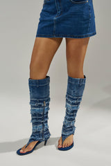 AKIRA GOLD MAHONEY DENIM PANT DETAIL GLADIATOR STILETTO