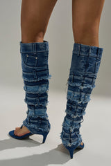 AKIRA GOLD MAHONEY DENIM PANT DETAIL GLADIATOR STILETTO