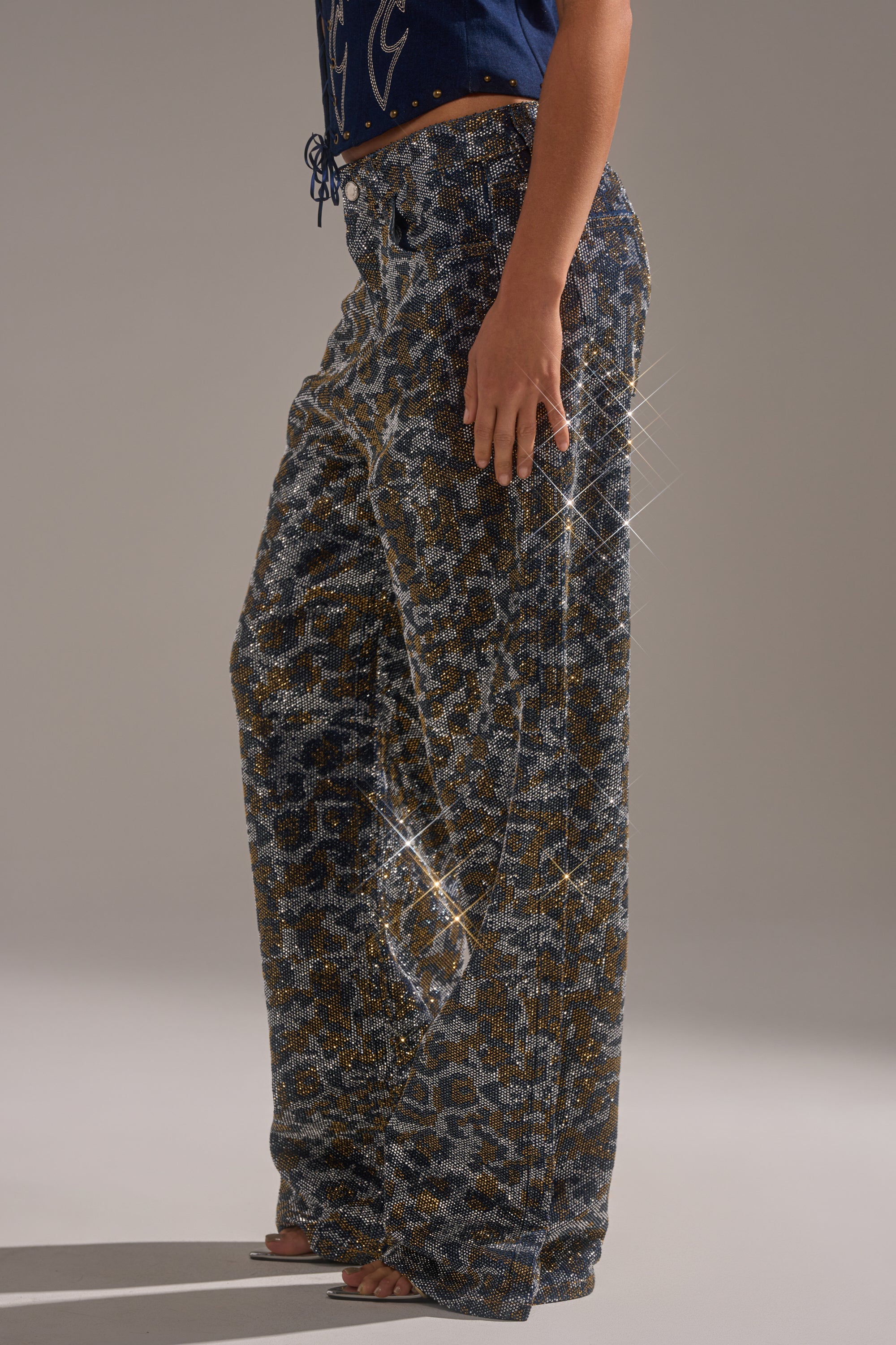 CHEETAH GIRLY RHINESTONE DENIM PANT