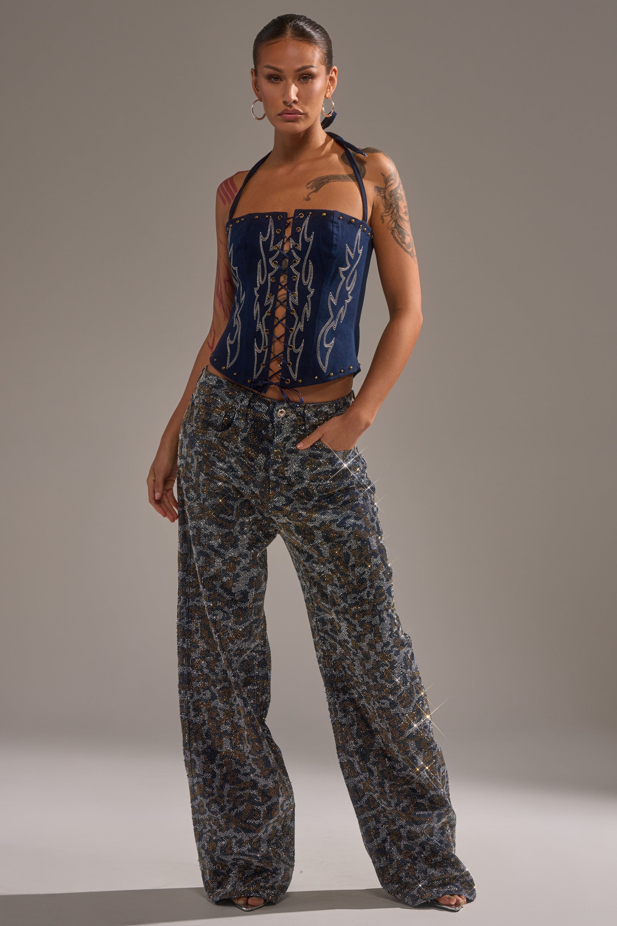 CHEETAH GIRLY RHINESTONE DENIM PANT