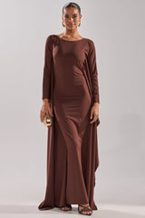 KYLIE MAXI DRESS WITH RUFFLE SLEEVES IN BROWN