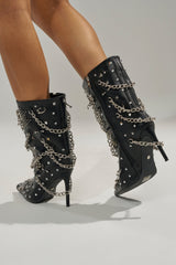 AZALEA WANG THRIGRUN BLACK SILVER HARDWARE STILETTO BOOTIE