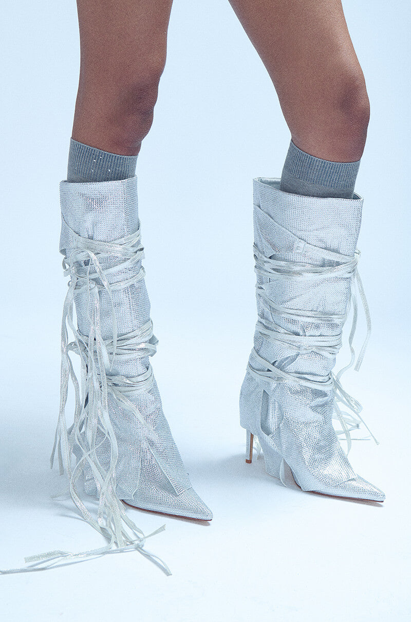 AZALEA WANG CORDIAL SILVER RHINESTONE BOOT